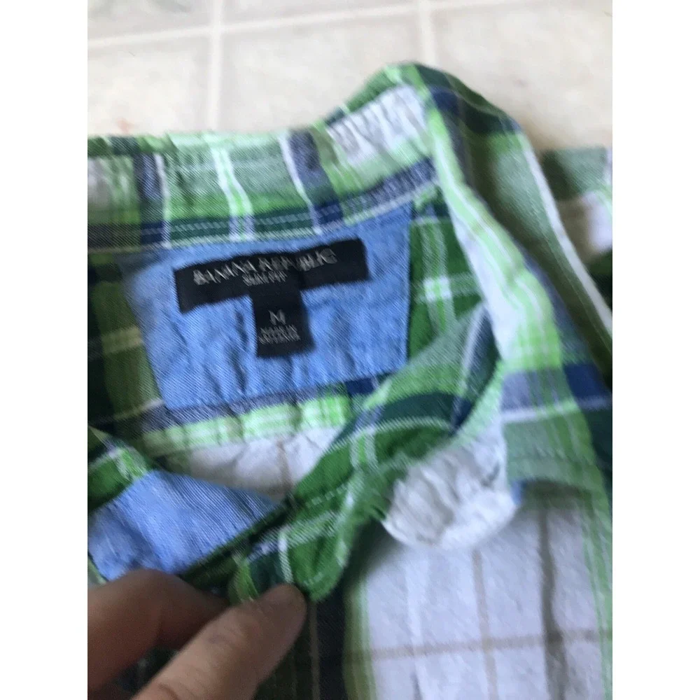 Mens Banana Republic Linen Blend Blue Green Plaid Long Slv Shirt Medium Slim Fit